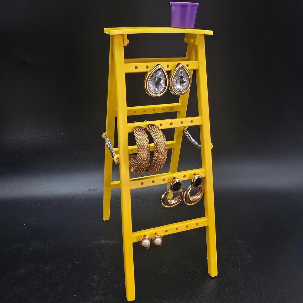 Vintage Yellow Ladder Earring Rack Tree with Paint Bucket Plastic 1980s